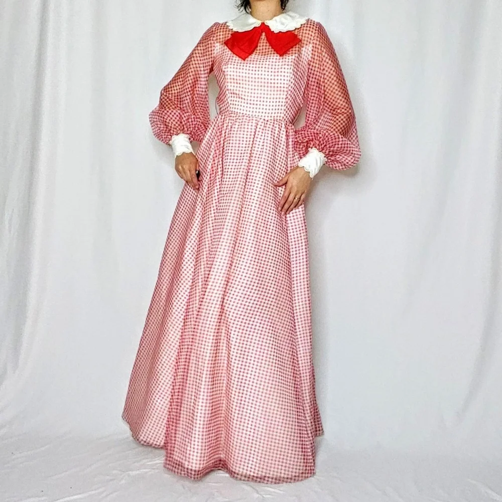 SOLD 70s gingham bishop sleeve gown - Picture 3 of 4